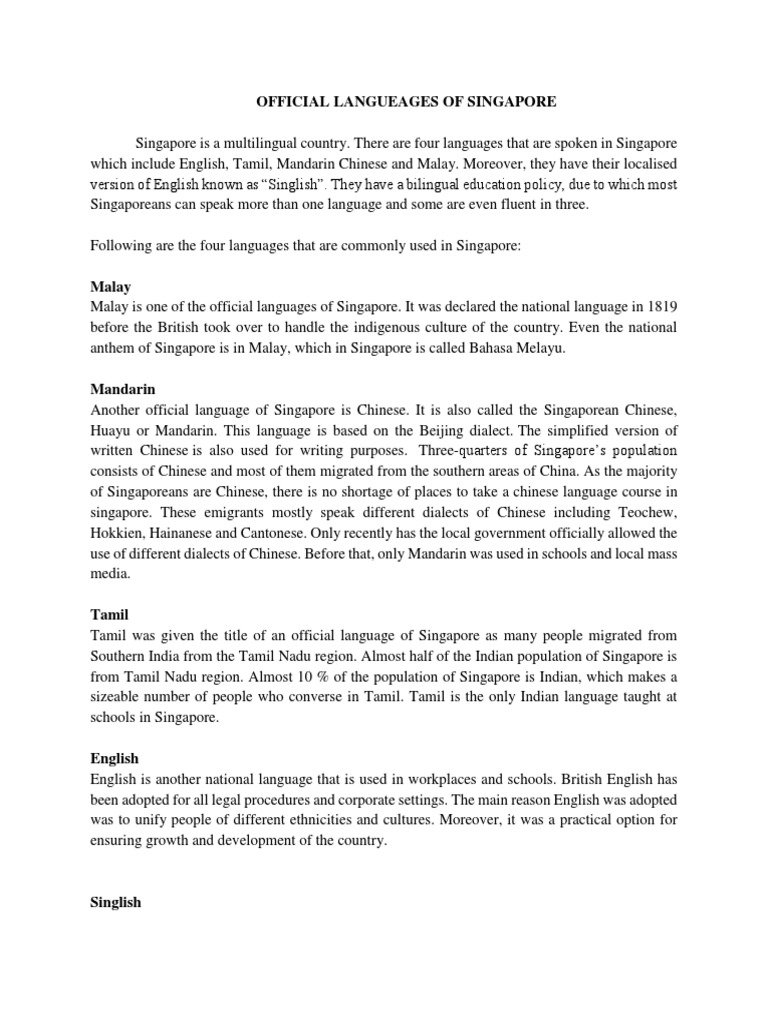 Official Langueages of Singapore PDF Languages Of Singapore Dialect