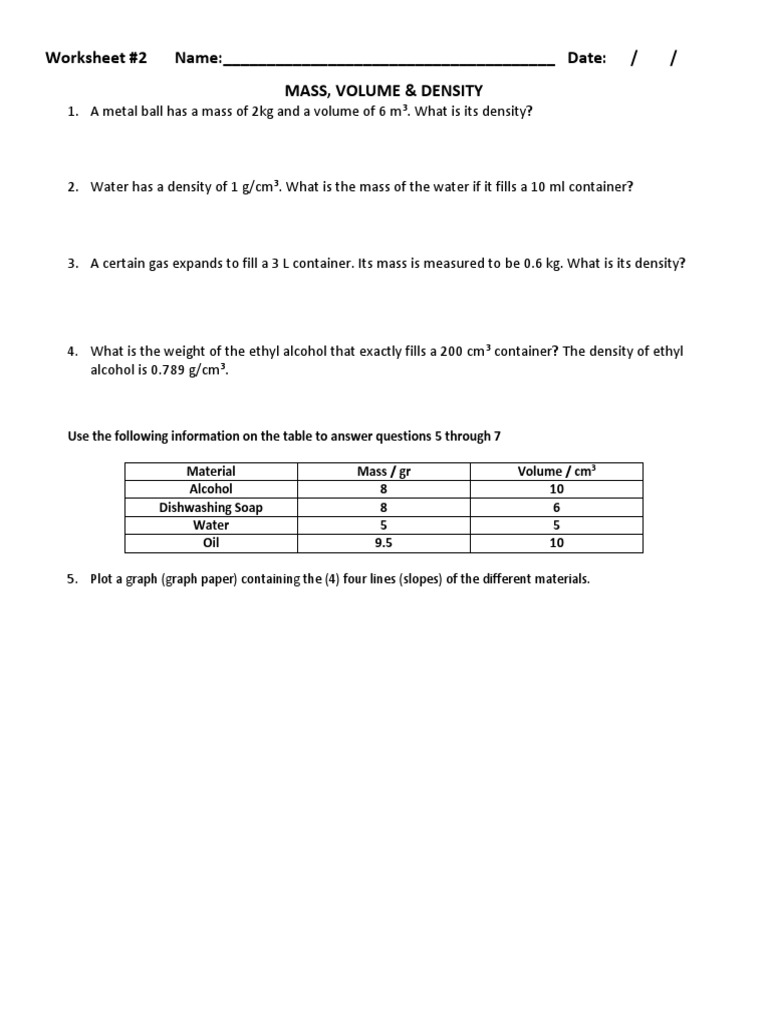 Mass, Volume & Density Worksheet | PDF | Home & Garden | Technology ...