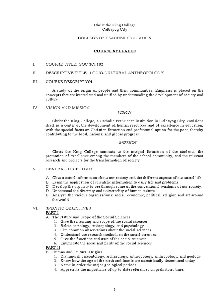 Socio-Cultural Anthropology Syllabus | PDF | Social Science | Anthropology