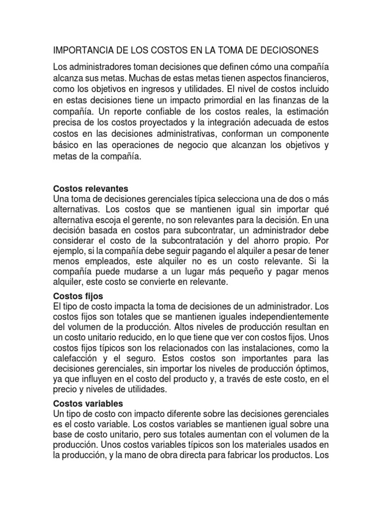 Costos y Toma de Decisiones Empresariales | PDF | Costo | Toma de ...