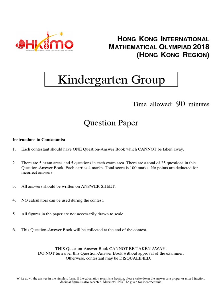 HKIMO 2018 Kindergarten Question Paper | PDF | Numbers | Decimal