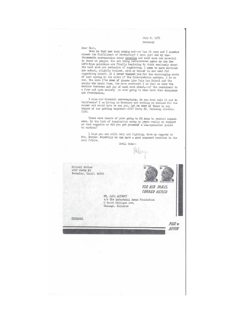 D&A: 08111971 Hillary Rodham Letter To Saul Alinsky | PDF