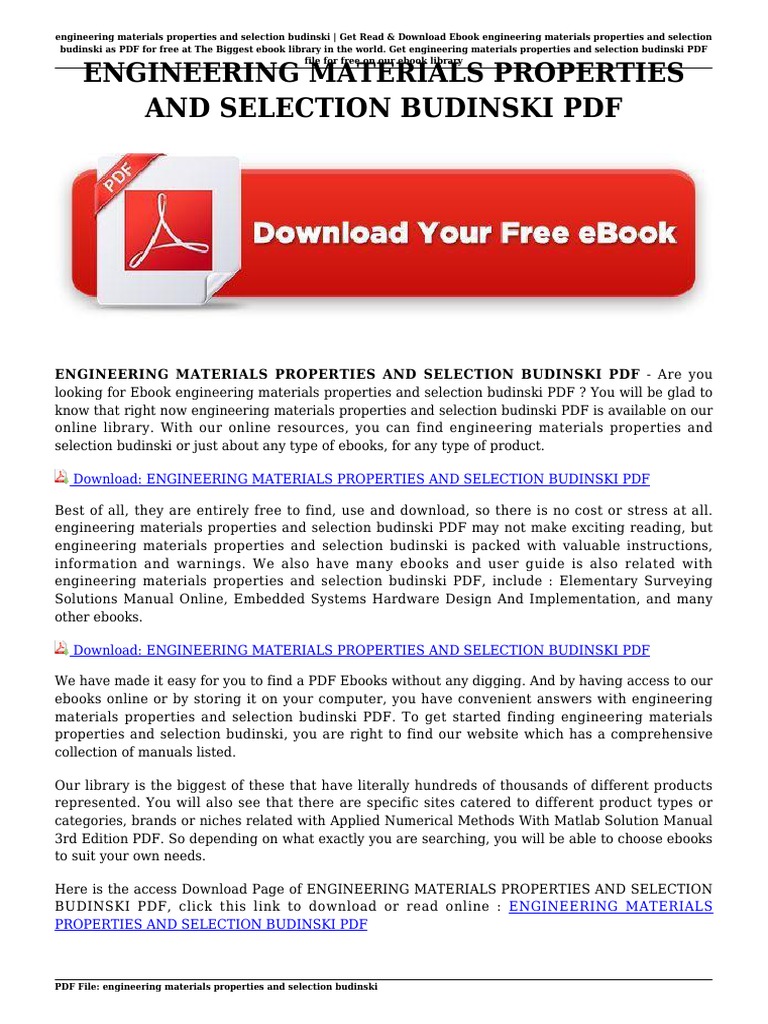 Engineering Materials Properties and Selection Budinski PDF E Books