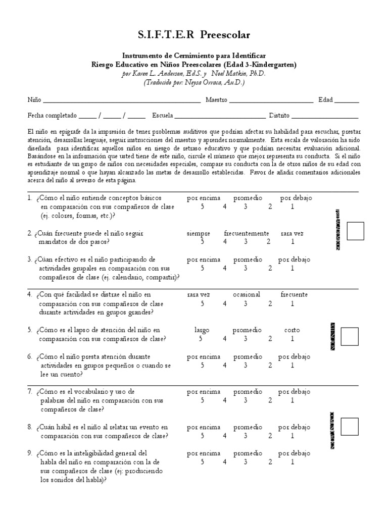 Preschool SIFTER in Spanish PDF Educación de la primera infancia