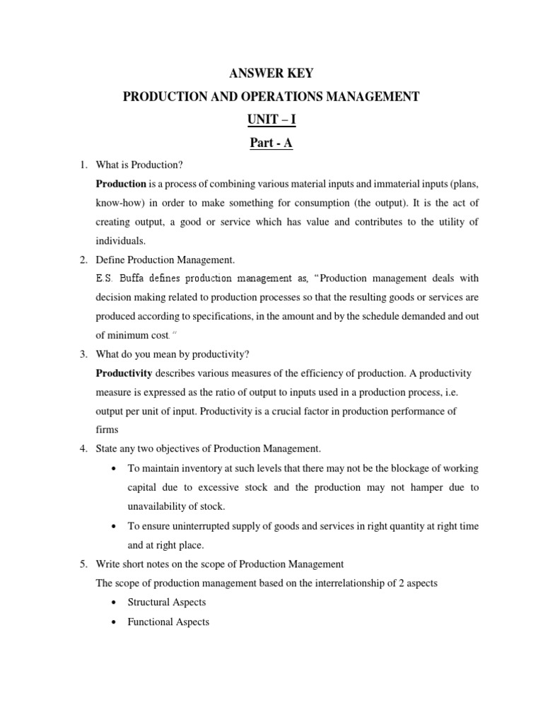 Answer Key Pdf Operations Management Factory