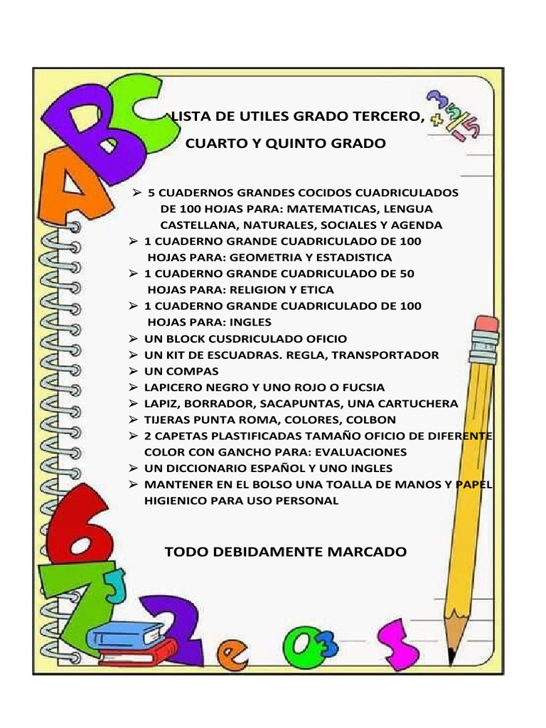 Lista de Útiles para Quinto Grado | PDF