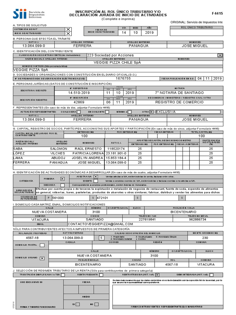 Formulario F-4415: Inscripción RUT Chile | PDF | Impuestos | Conceptos ...