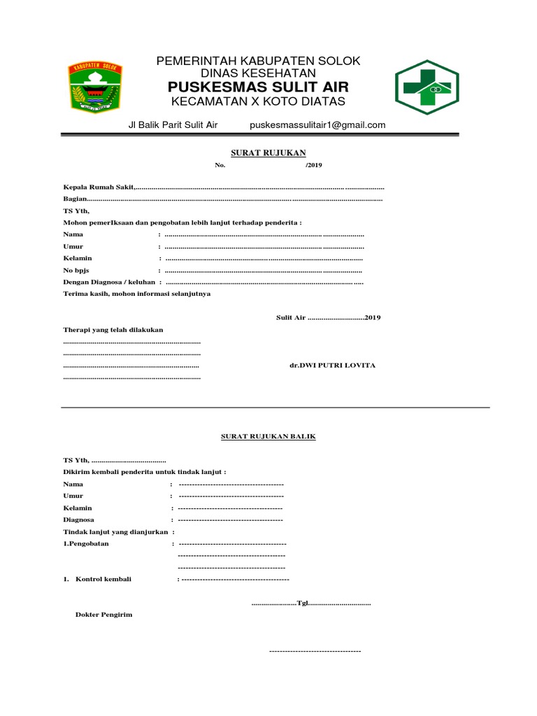 Surat Rujukan Medis Puskesmas Sulit Air | PDF