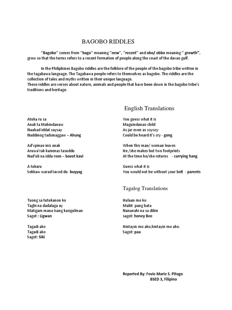 BAGOBO RIDDLES Report | PDF