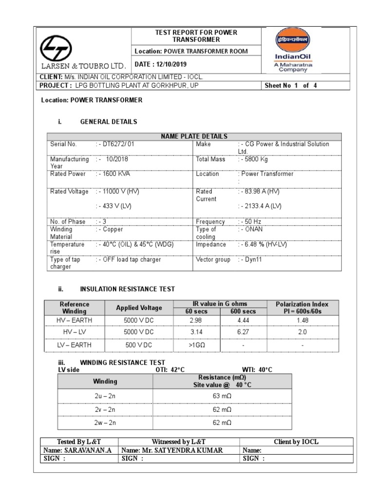 Power Transformer Testing Format PDF Transformer Power Engineering