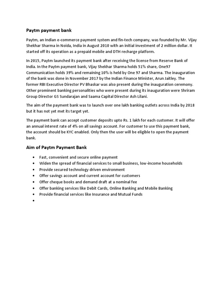 Paytm Payment Bank Overview and Services | PDF