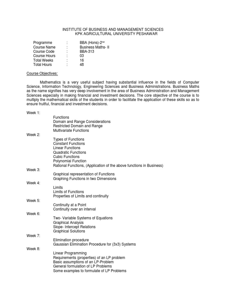 Business Mathematics II Syllabus BBA | PDF | Function (Mathematics ...