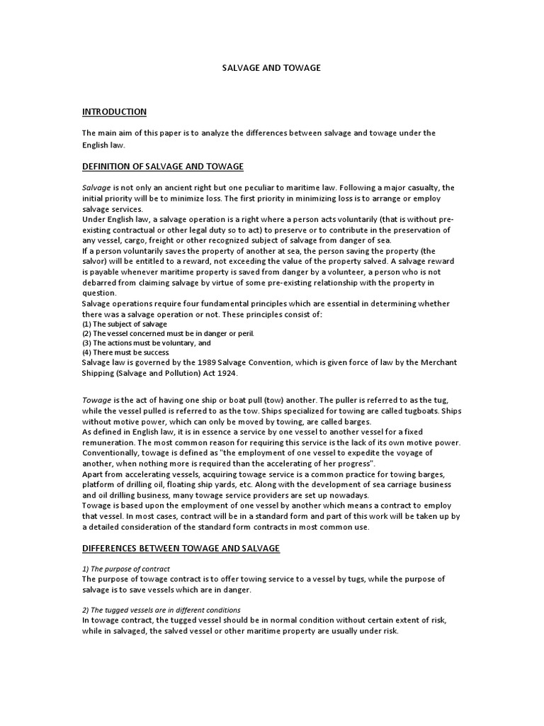 Salvage and Towage PDF PDF Marine Salvage Admiralty Law