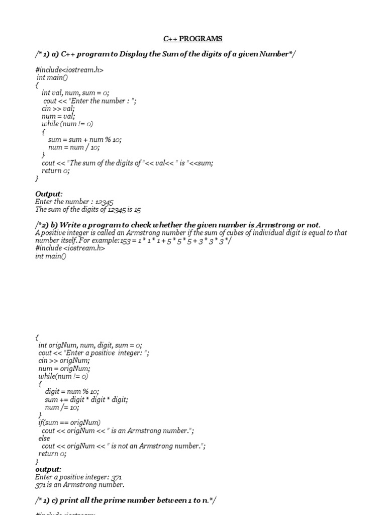 C++ Programs to Calculate Sum of Digits, Check Armstrong Number, Find ...