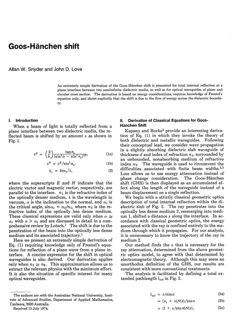 Goos Hanchen | PDF | Refractive Index | Waveguide