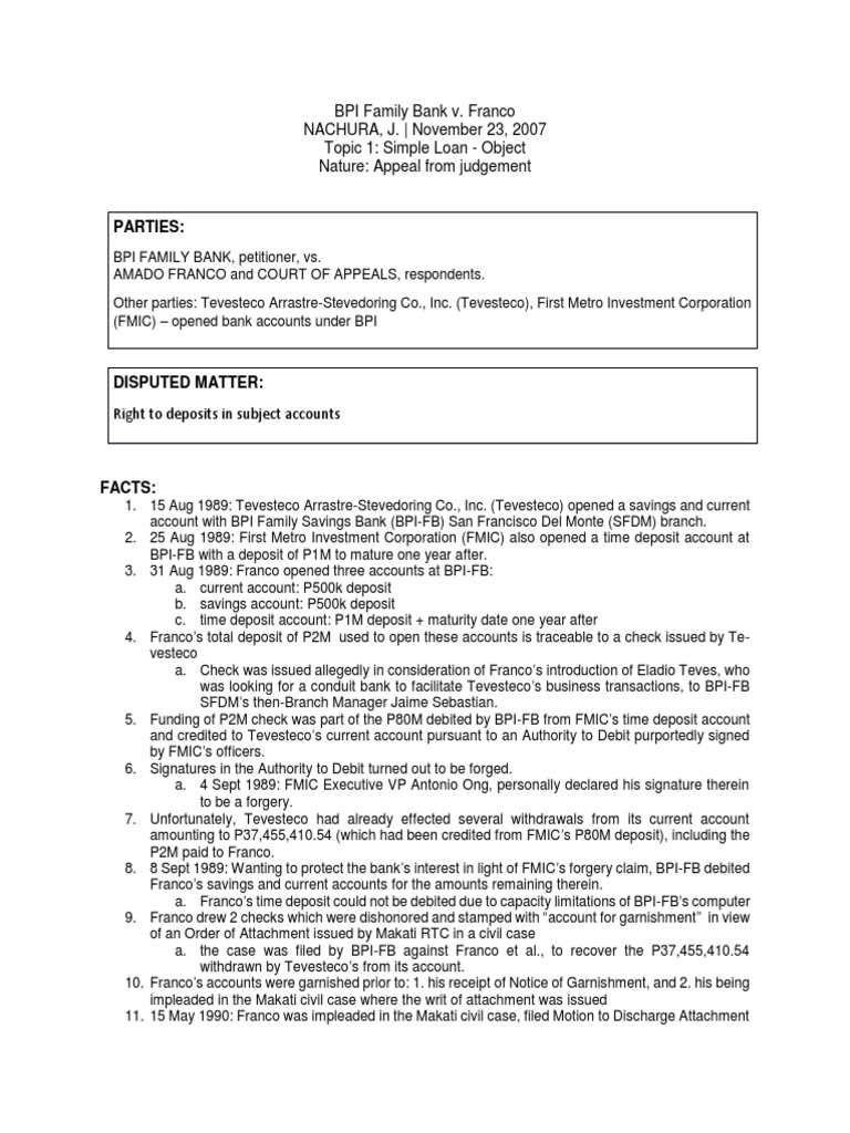 BPI Family Bank v. Franco: Deposit Dispute | PDF | Deposit Account ...