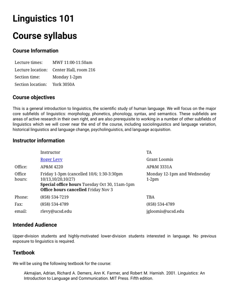 Linguistics 101 Syllabus Pdf Phonology Morphology Linguistics