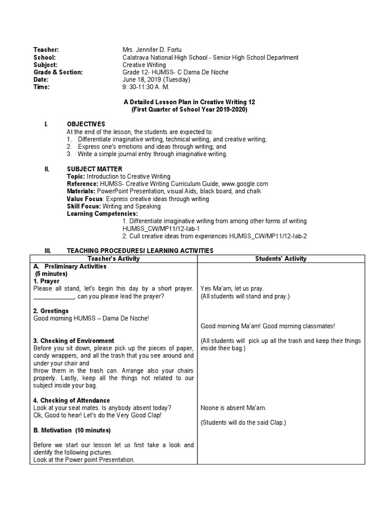 Creative Writing Lesson Plan for Grade 12 | PDF | Mass Media | Lesson Plan