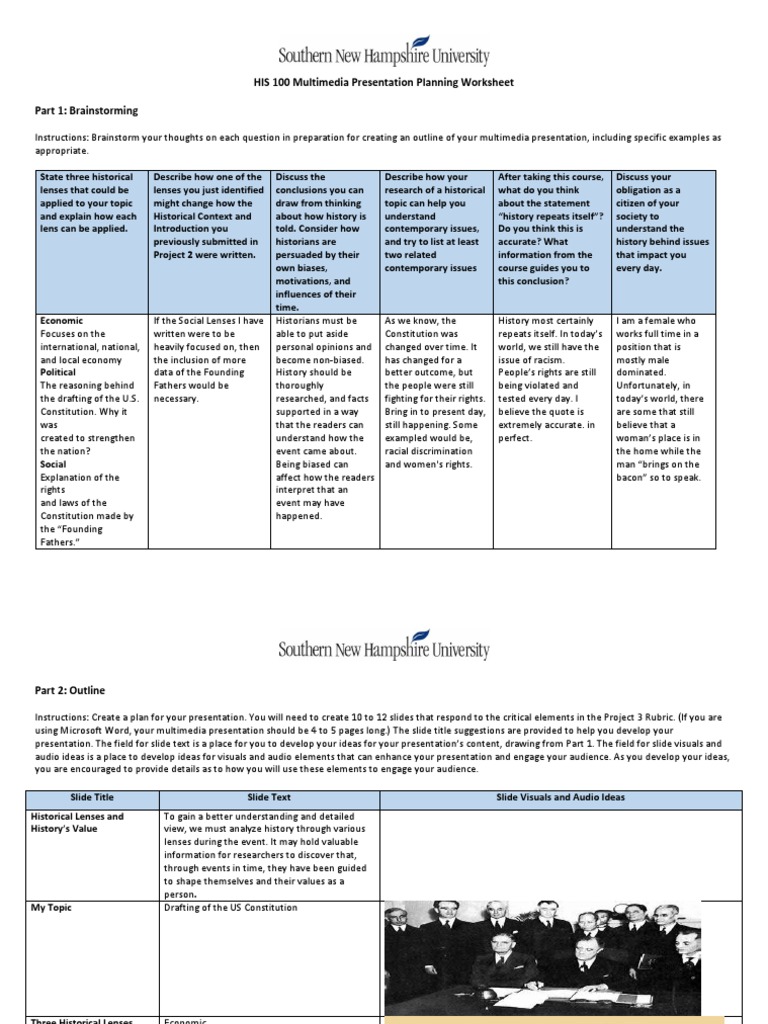 HIS 20 Multimedia Presentation Planning Worksheet  PDF  The For Outline Of The Constitution Worksheet