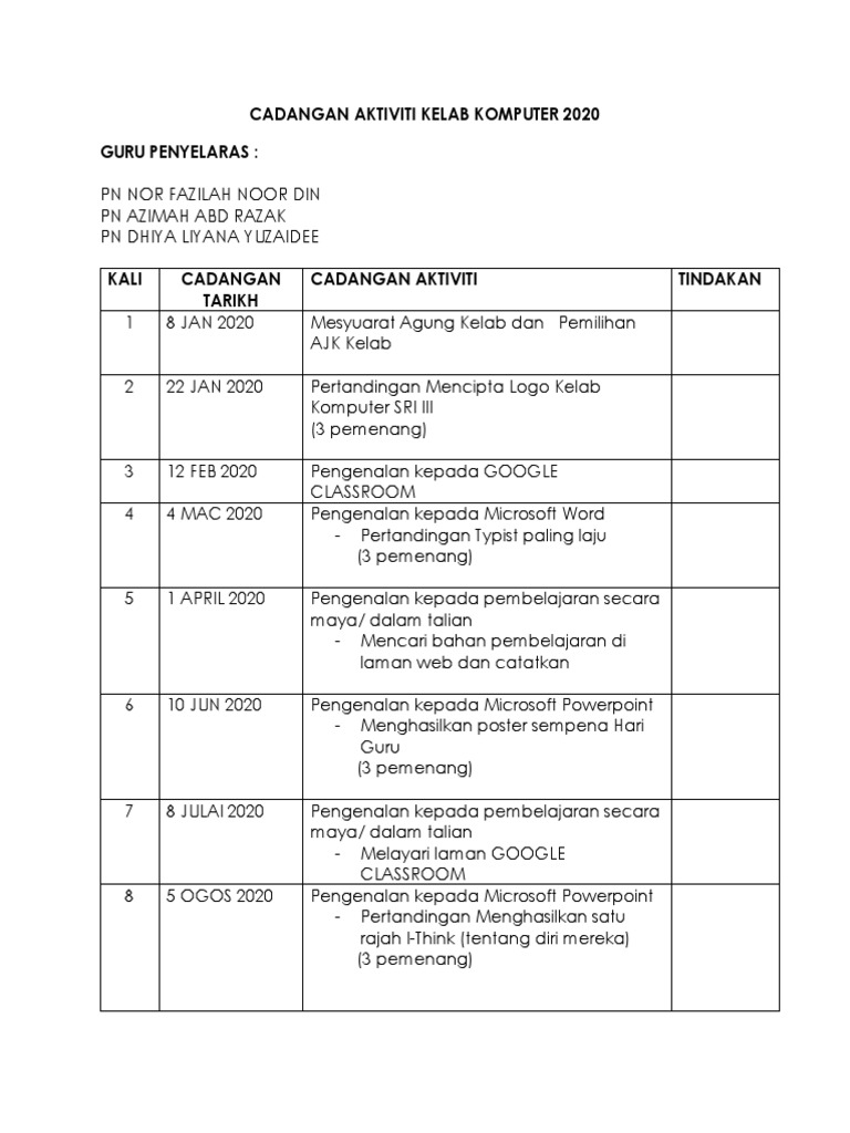 Cadangan Aktiviti Kelab Komputer 2020 Pdf