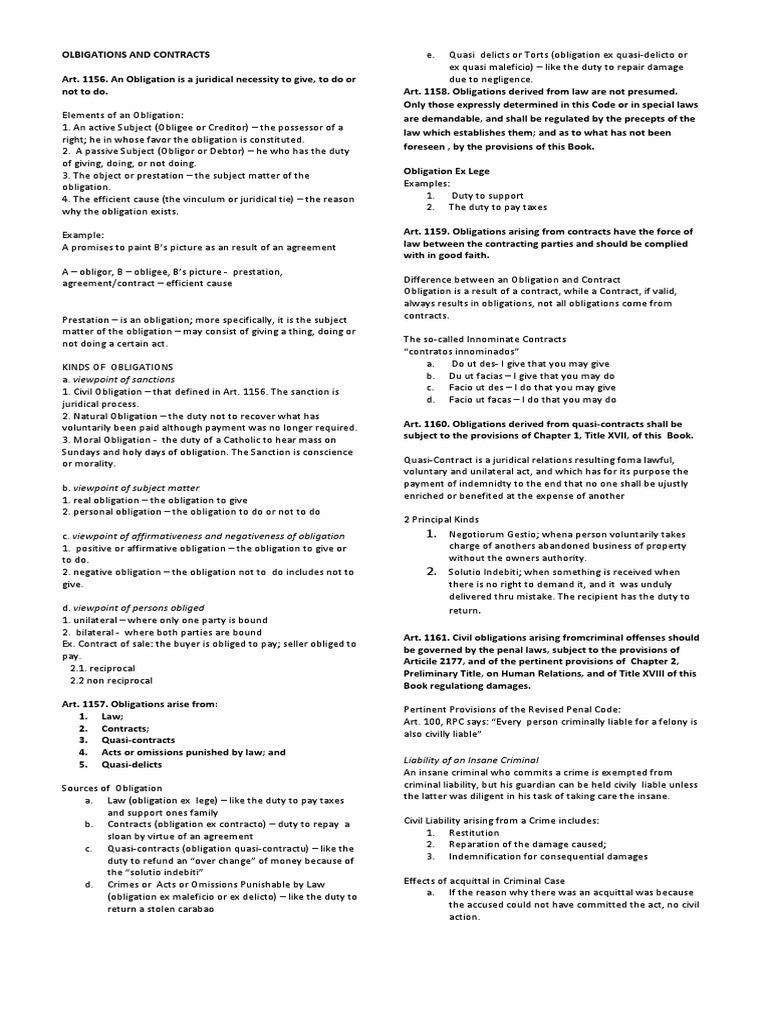 Obligation and Contrcacts Summary | PDF | Law Of Obligations ...