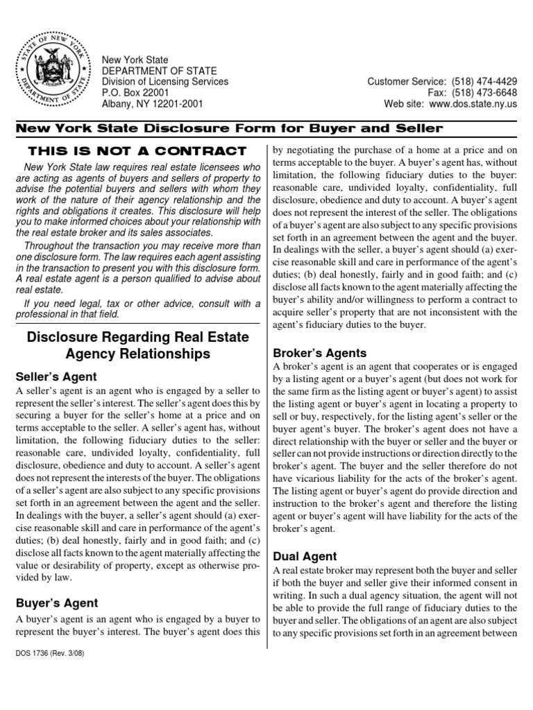 New York State Agency Disclosure Form Real Estate Broker Law Of Agency