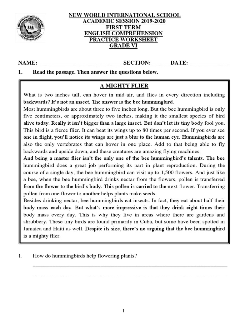 Gr.6 English practice comprehension worksheet-1 | Bees | Flowers