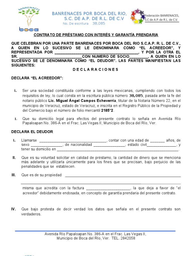 Modelo De Contrato De Prestamo Con Garantia Prendaria