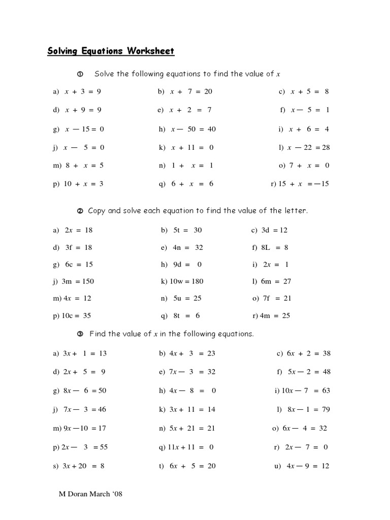 Solving for x: Equations Worksheet | PDF | Equations | Mathematical Objects