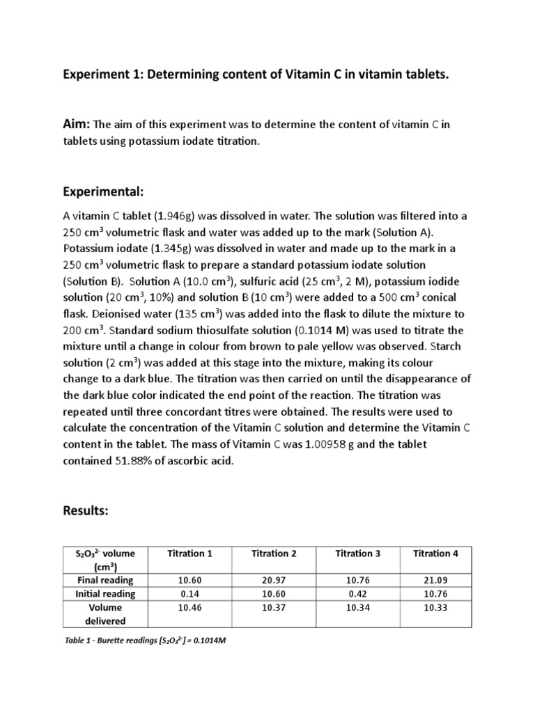 Titration Chemistry Lab Report Vitamin C PDF Titration Chemistry