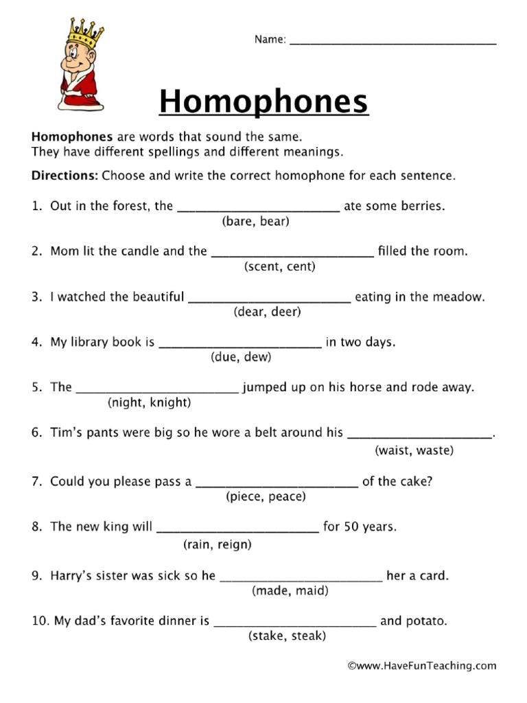 Homophone Worksheet Pdf