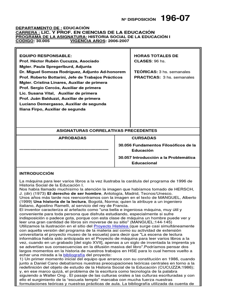 Historia Social de la Educación I | PDF | Edades medias | Plan de estudios