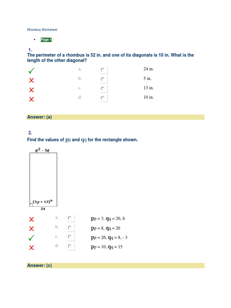 Rhombus Worksheet | PDF | Rectangle | Euclidean Plane Geometry