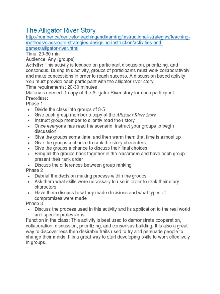 The Alligator River Story Activity PDF Consensus Decision Making Cognition