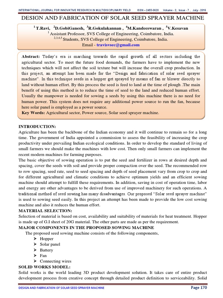 Solar Seed Sprayer Machine Design | PDF | Sowing | Solar Energy