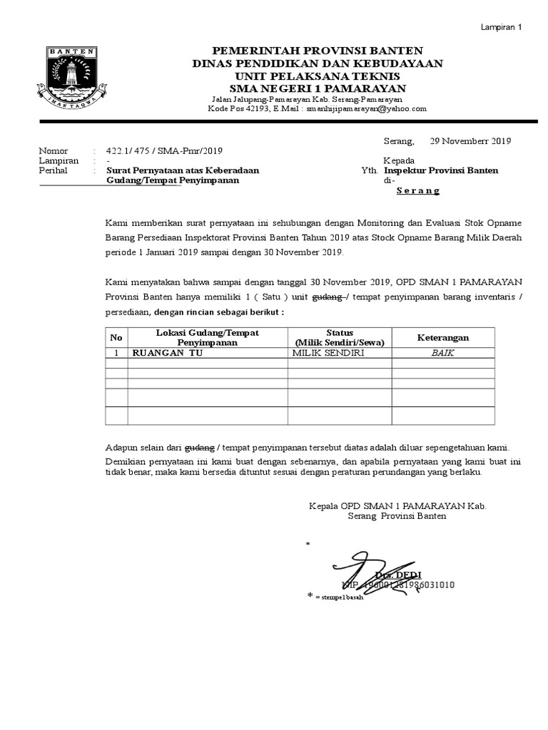 Berita Acara Stock Opname Internal Dan Surat Keterangan Gudang T A 2019