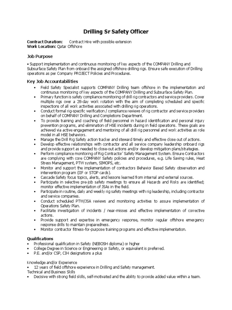 Offshore Drilling Safety Officer Role | PDF | Drilling Rig | Business