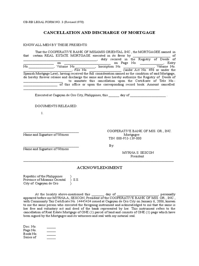 Mortgage Cancellation and Release Form | PDF | Mortgage Law | Deed