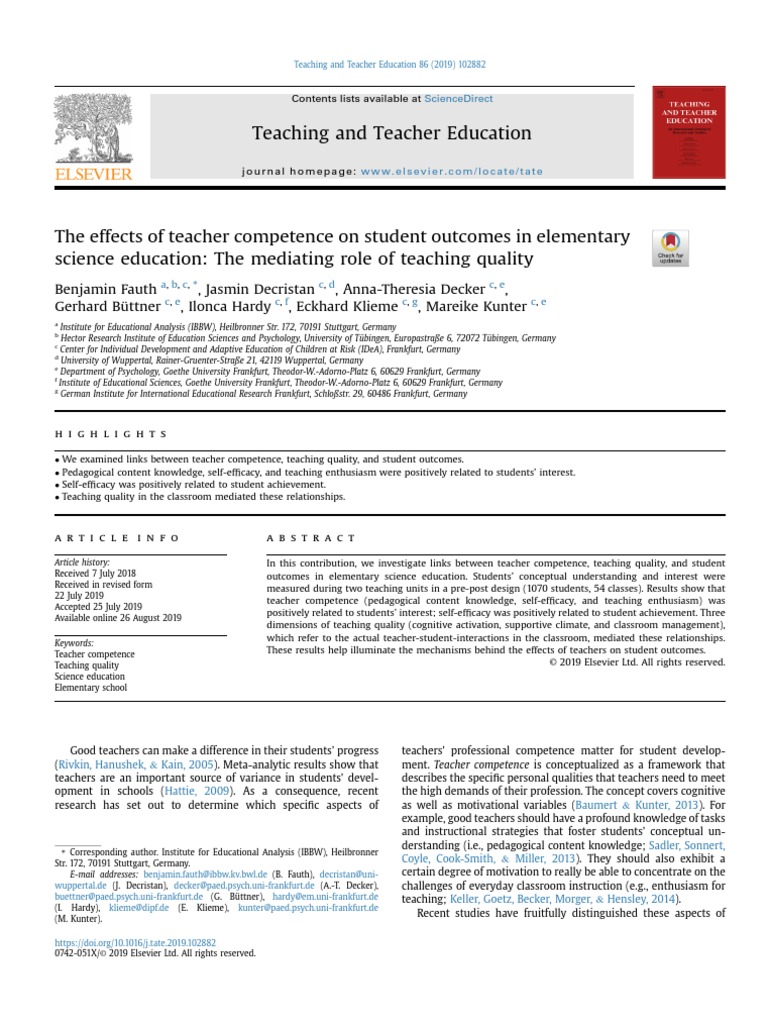 Effects of Teacher Competence On Student Outcomes | PDF | Self Efficacy ...