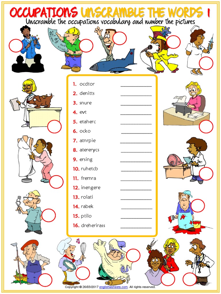 Occupations Vocabulary Esl Unscramble The Words Worksheets For Kids Pdf Copyright Law Law