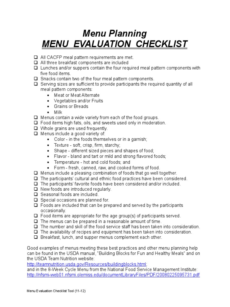Menu Evaluation Checklist PDF