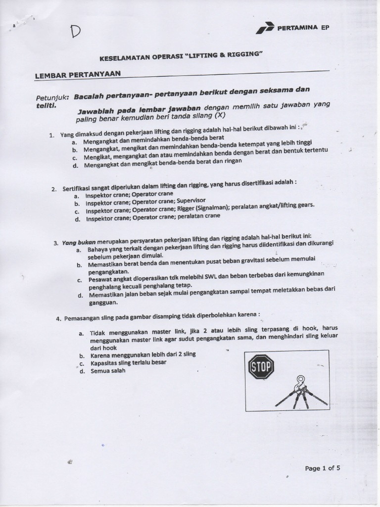 Soal Keselamatan Operasi Lifting Rigging