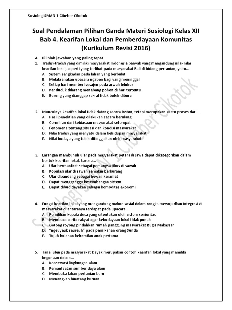 Soal Pendalaman Pilihan Ganda Materi Sosiologi Kelas Xii Bab 4 Kearifan Lokal Dan Pemberdayaan Komunitas Kurikulum Revisi 2016 Pdf
