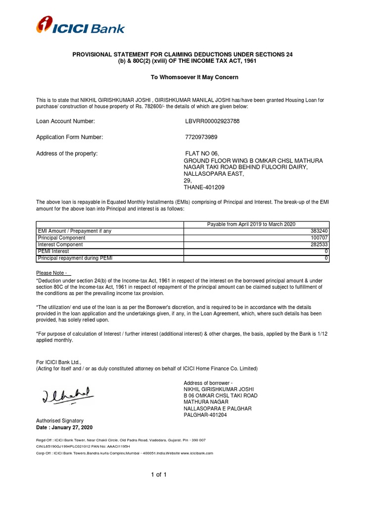 Home Loan Provisional Certificate ICICI 2019-20 | PDF | Loans | Mortgage  Loan