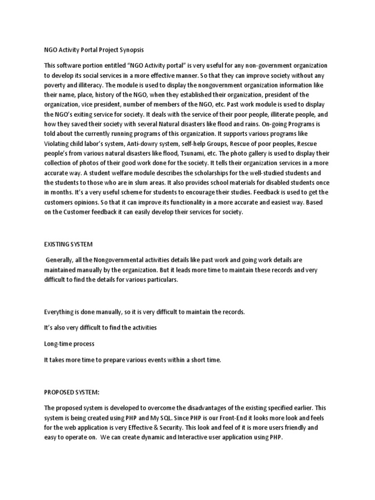 NGO Activity Portal Project Synopsis | PDF | Php | World Wide Web