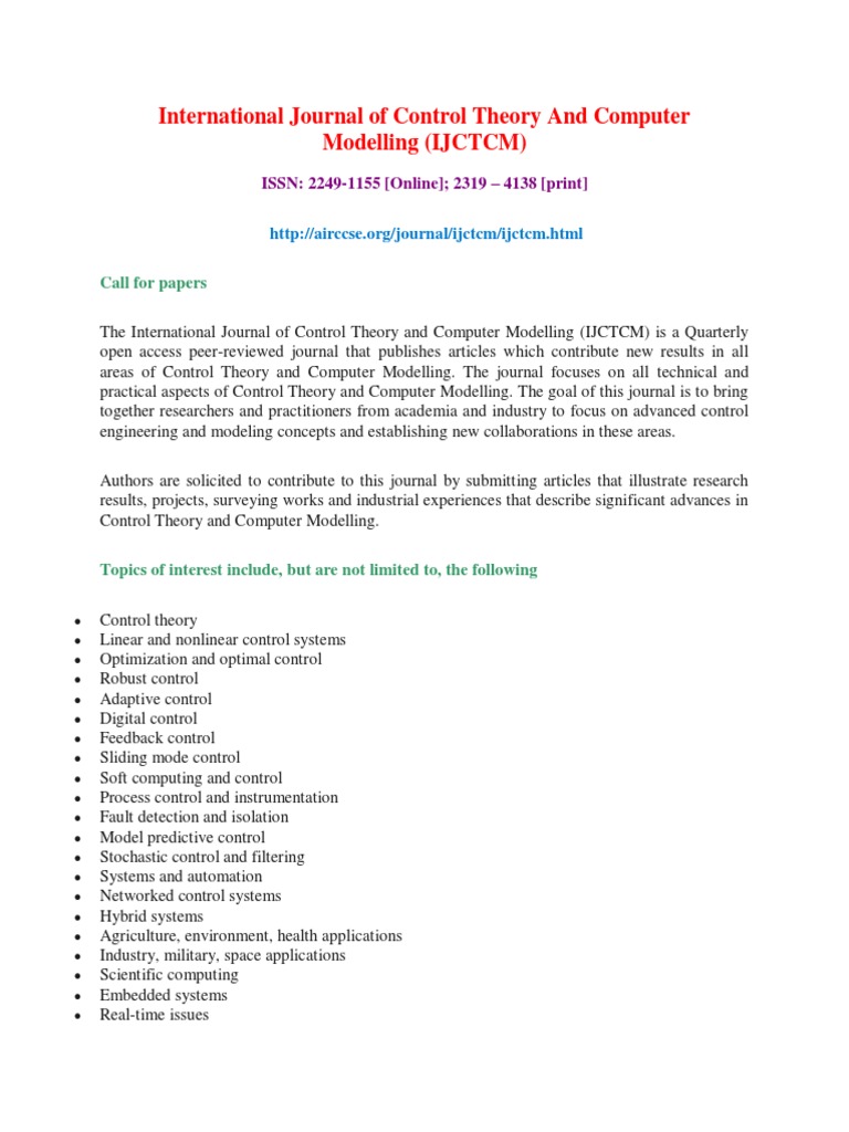 International Journal of Control Theory and Computer Modelling (IJCTCM