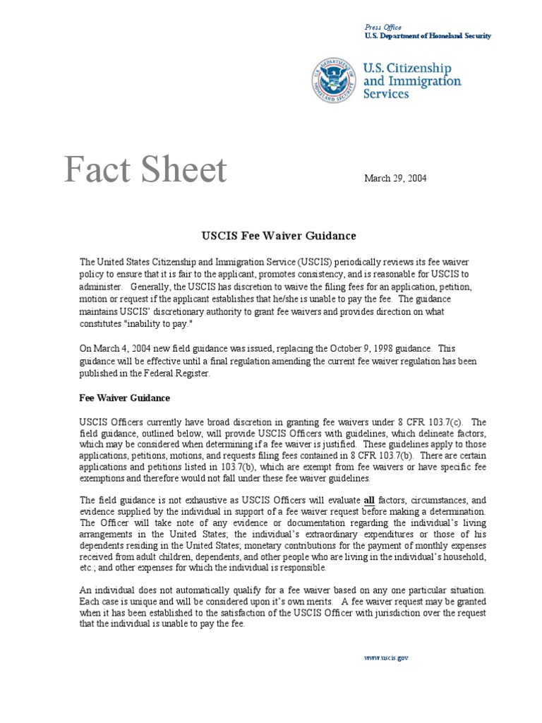 Fact Sheet USCIS Fee Waiver Guidance PDF United States Citizenship