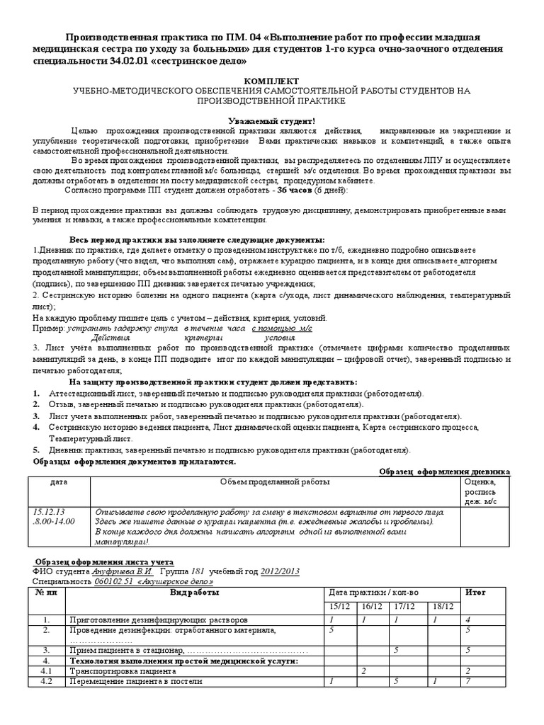 Практика В Процедурном Кабинете Дневник Медсестры