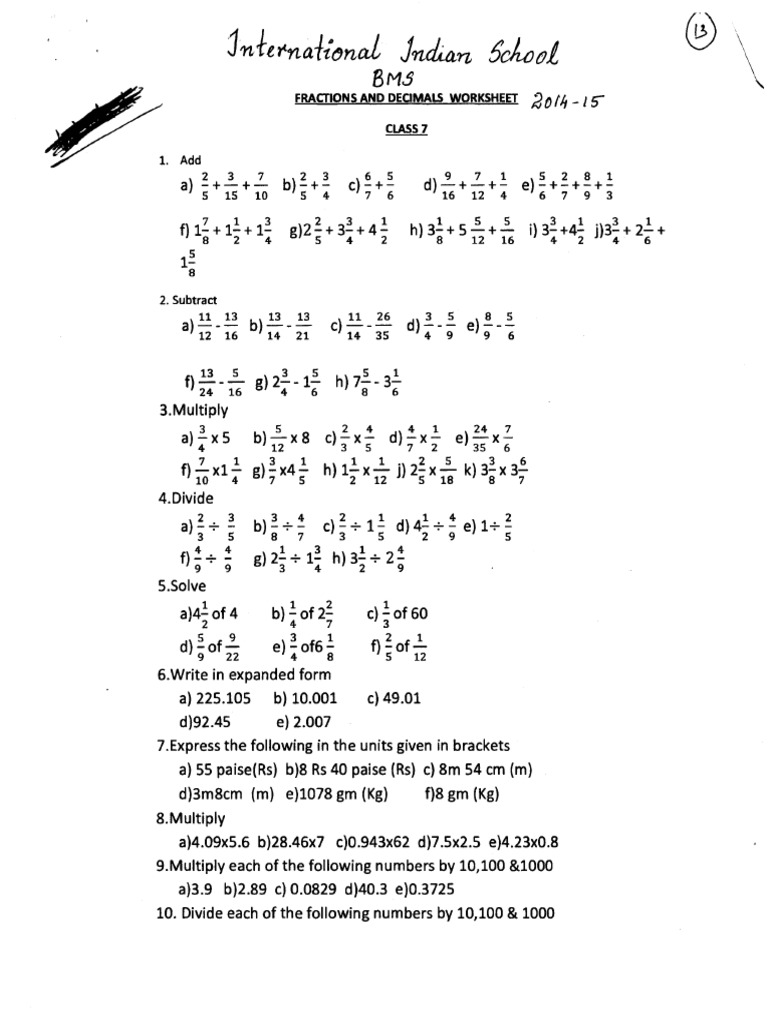Cbse class 7 maths worksheet fractions and decimals pdf