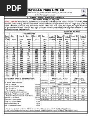 Havells Cables Pricelist 01 05 18 Pdf Electrical Conductor Wire